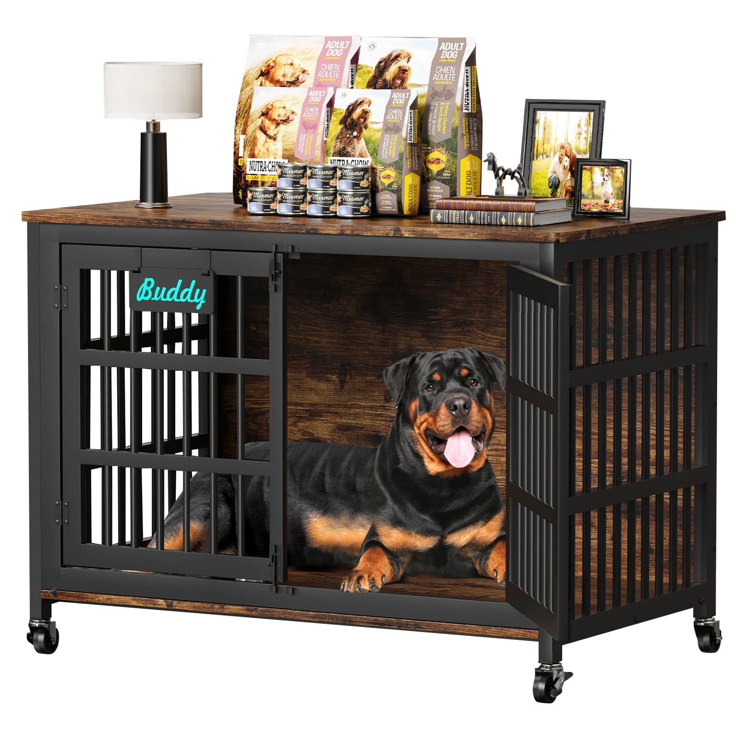 Dog Kennel Furniture with Casters – Multi-Use TV Stand & Side Table Crate