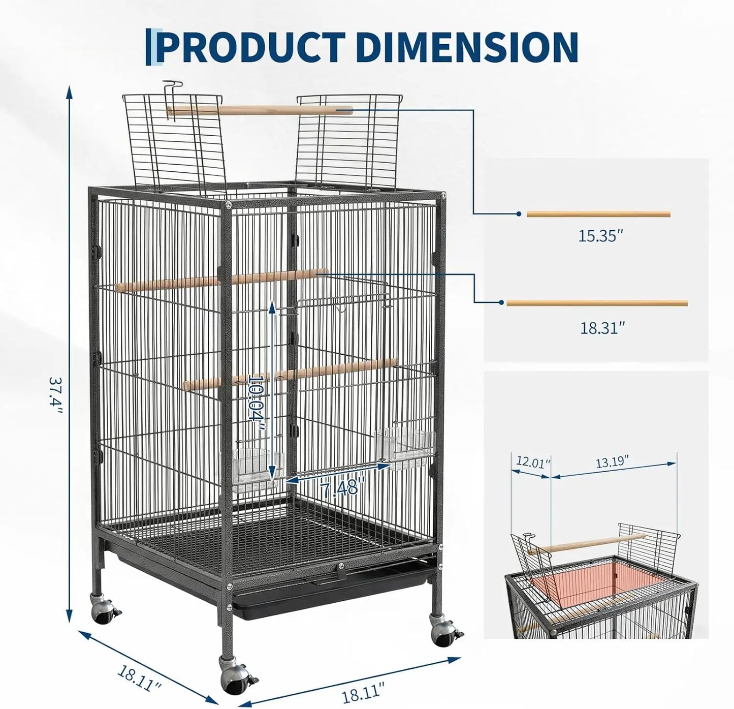 Rolling Bird Cage with Play Area – Spacious Metal Cage for Parakeets & Lovebirds