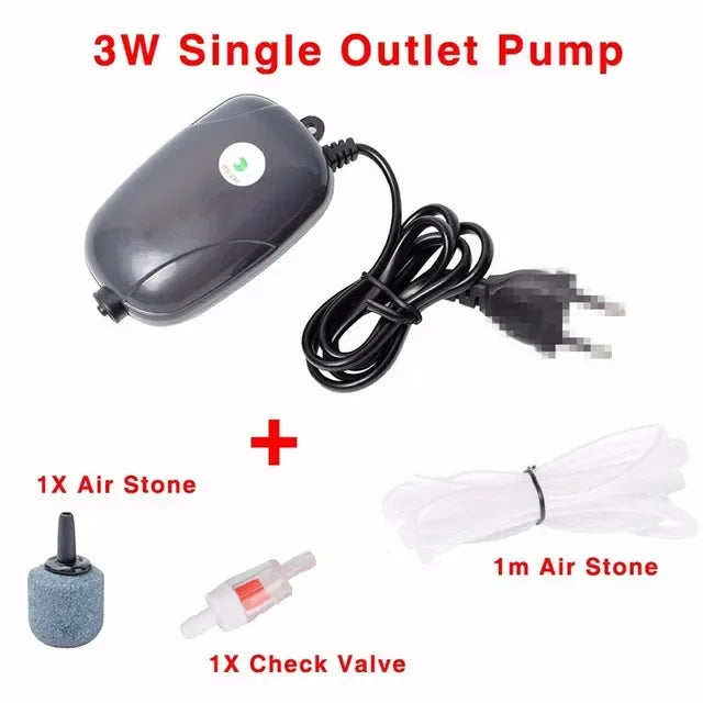 Fish Tank Air Compressor – Mini Single/Double Outlet Oxygen Pump with Accessories (3W/5W)