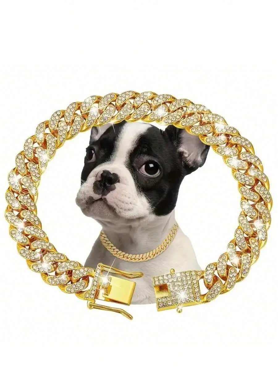 Rose Gold Cuban Chain Pet Collar with Crystal Accents for Dogs and Cats