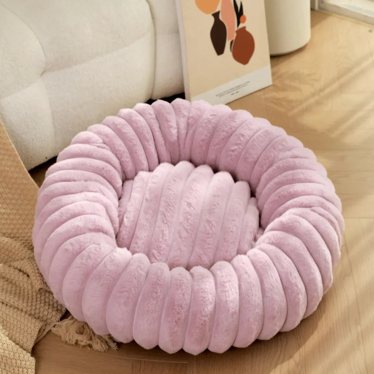 Warm Round Pet Bed for Medium Dogs & Cats – Fluffy Plush Sleeping Nest