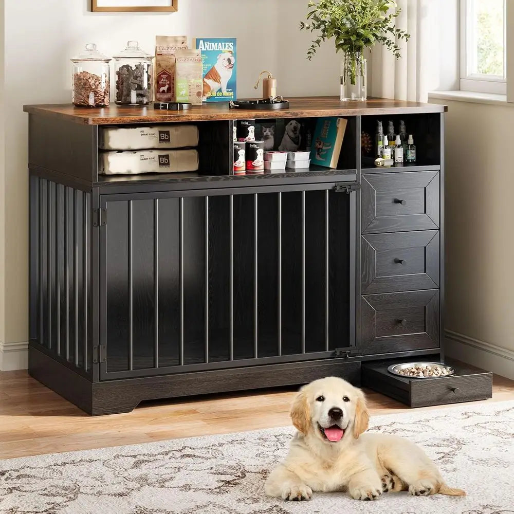 48'' Dog Crate Furniture, Farmhouse Heavy Duty Dog Kennel with Bowl & Storage Drawers, Medium Dog Cage End Table for Small Mediu