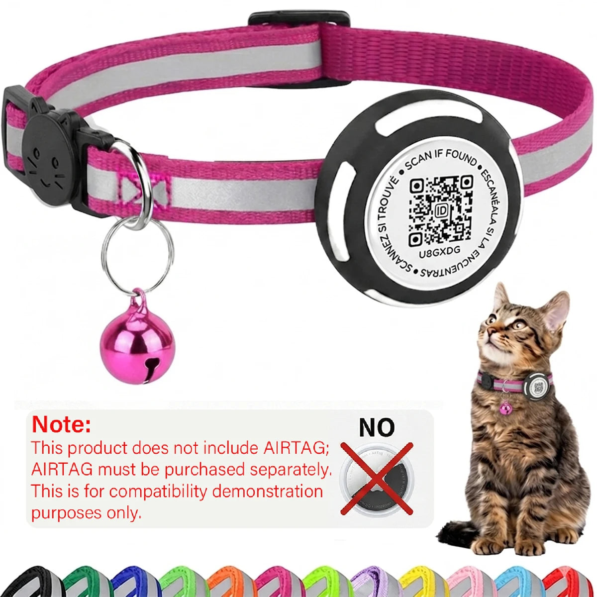 AirTag Cat Collar with Air tag Holder & Pet Name QR Code Dual Protection Reflective Pet Collar for Kitten Puppy (No Airtag)