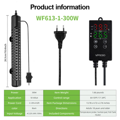 Aquarium fish tank heater with digital adjustable safety protection, automatically shuts off power when water comes out