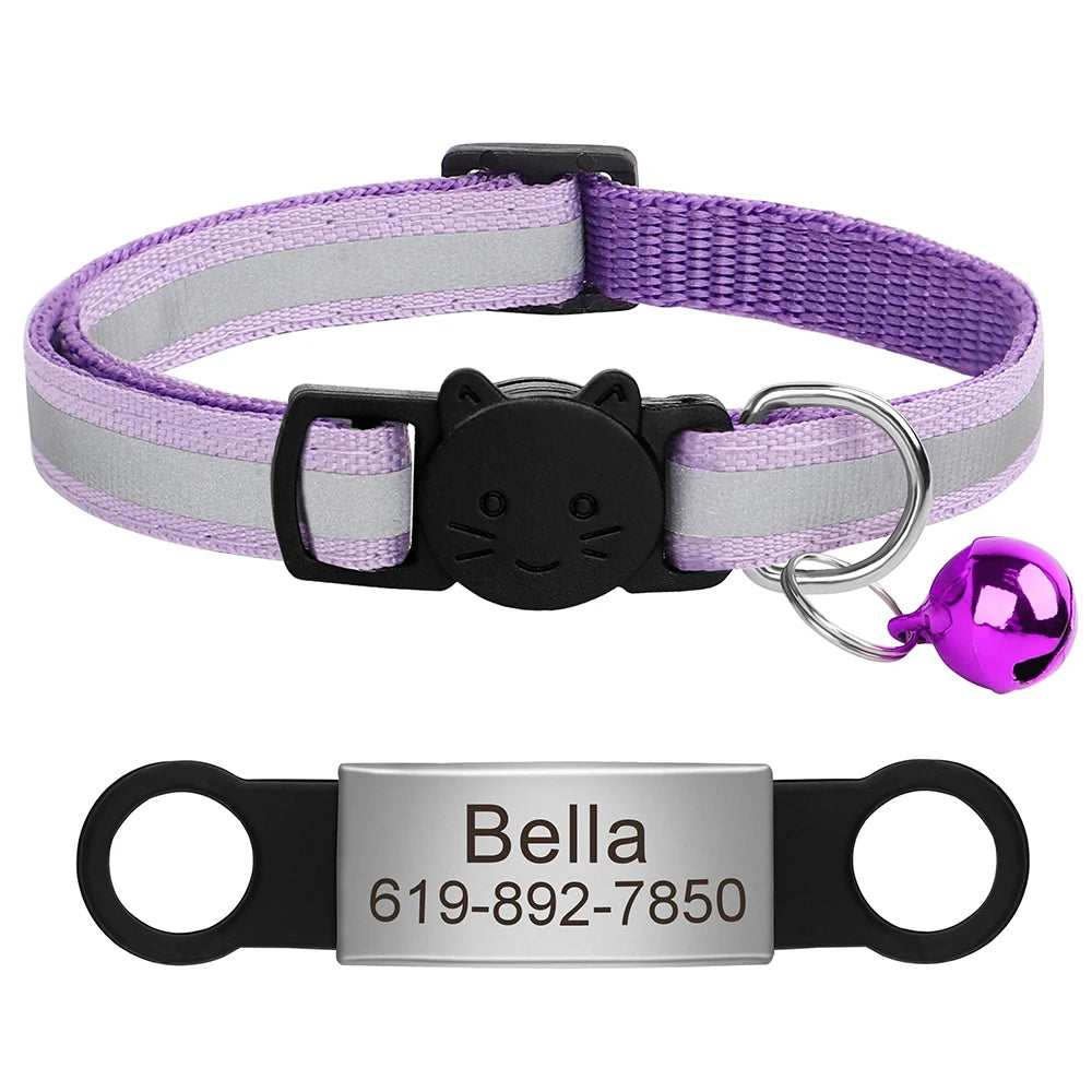 Custom Pet ID Collar for Cats – Reflective Collar with Bell & Engraved Tag