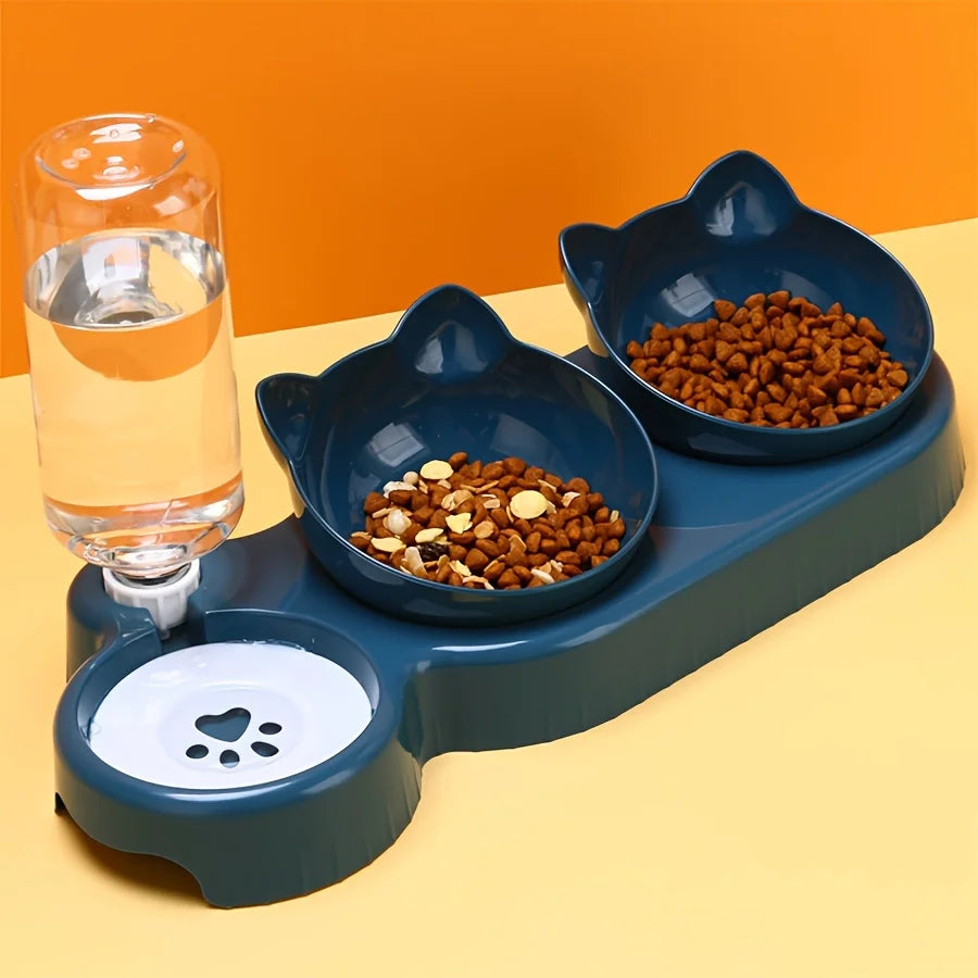 Tilted Cat Bowl & Water Feeder Set – 3-in-1 Neck Protection Feeding Station