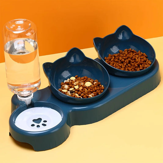 Tilted Cat Bowl & Water Feeder Set – 3-in-1 Neck Protection Feeding Station