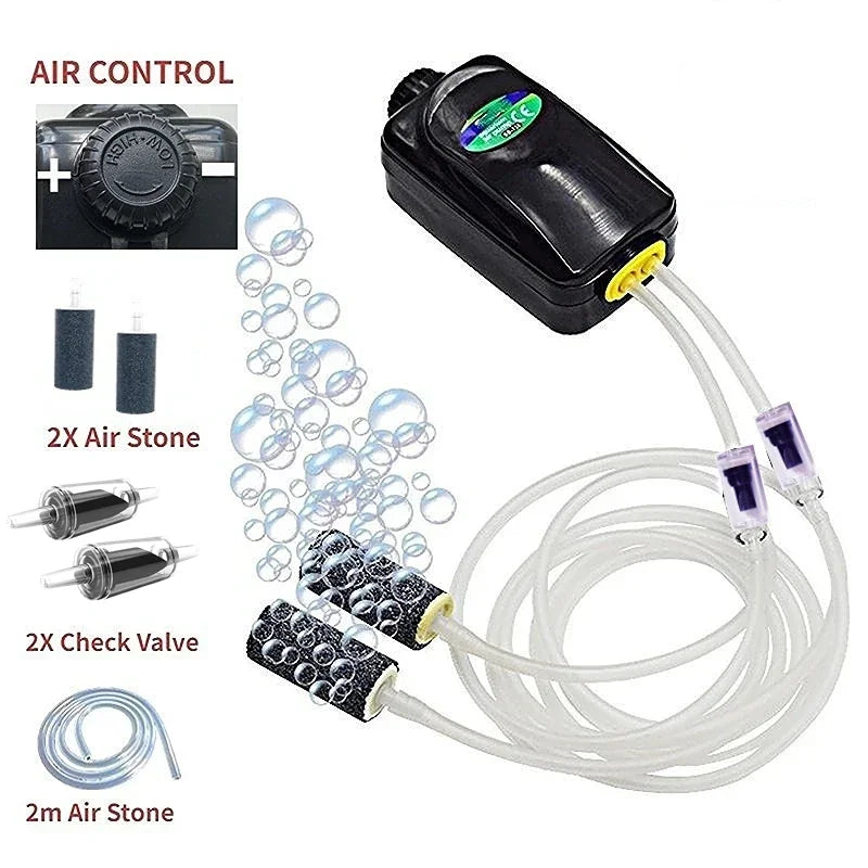 Fish Tank Air Compressor – Mini Single/Double Outlet Oxygen Pump with Accessories (3W/5W)
