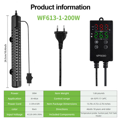 Aquarium fish tank heater with digital adjustable safety protection, automatically shuts off power when water comes out