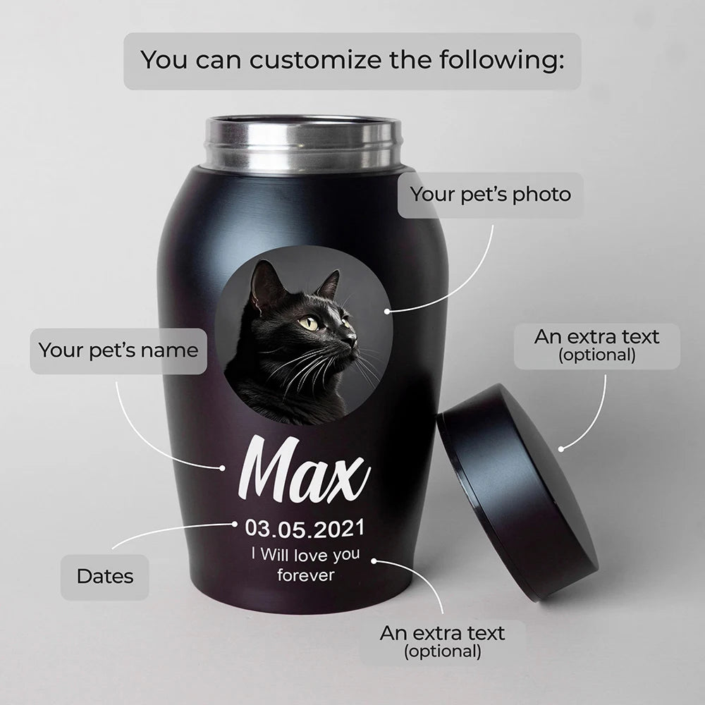 Custom Pet Urns for Ashes Stainless Steel Cat Dog Urns Memorials Pet Photo Urn for Dogs Ashes Pet Souvenir Jar Keepsake Gifts