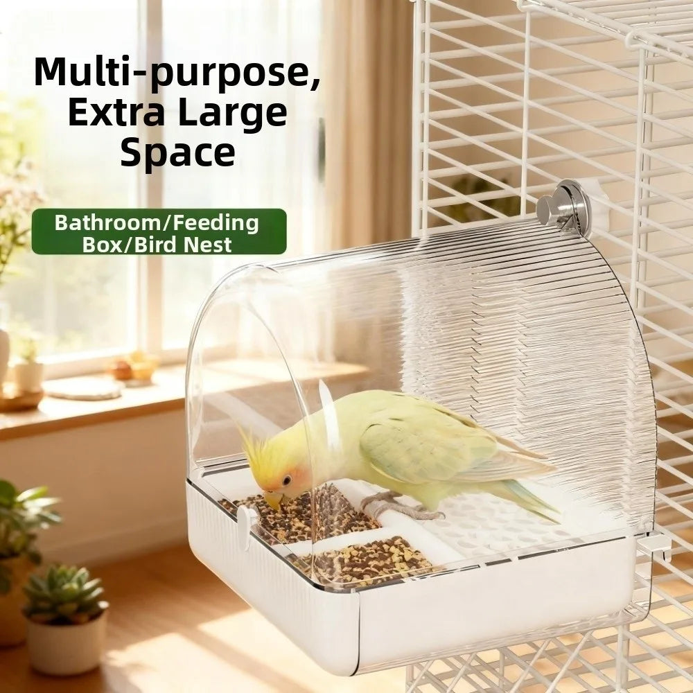 Transparent Bird Bath Cage Splash Proof Food Holder Box Bird Birdbath Feeder Bottom Drawer Screw Hooks Parrot Shower Box
