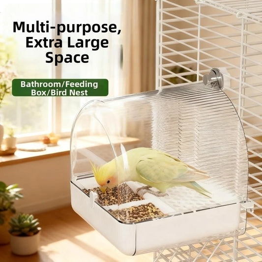Transparent Bird Bath Cage Splash Proof Food Holder Box Bird Birdbath Feeder Bottom Drawer Screw Hooks Parrot Shower Box