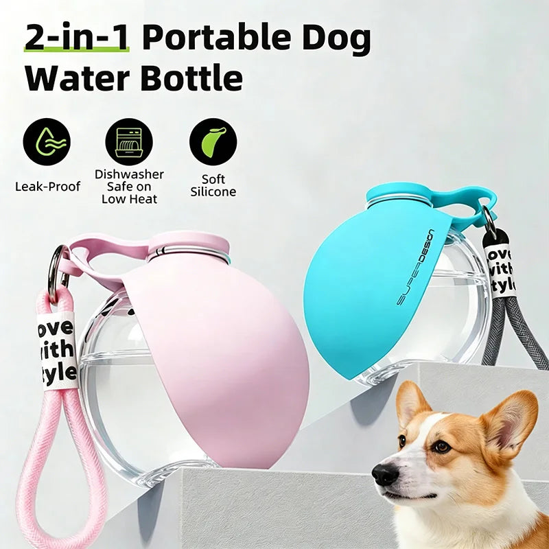 Travel Pet Water Bottle – 2-in-1 Dog Drinking Bottle with Hook & Collapsible Bowl