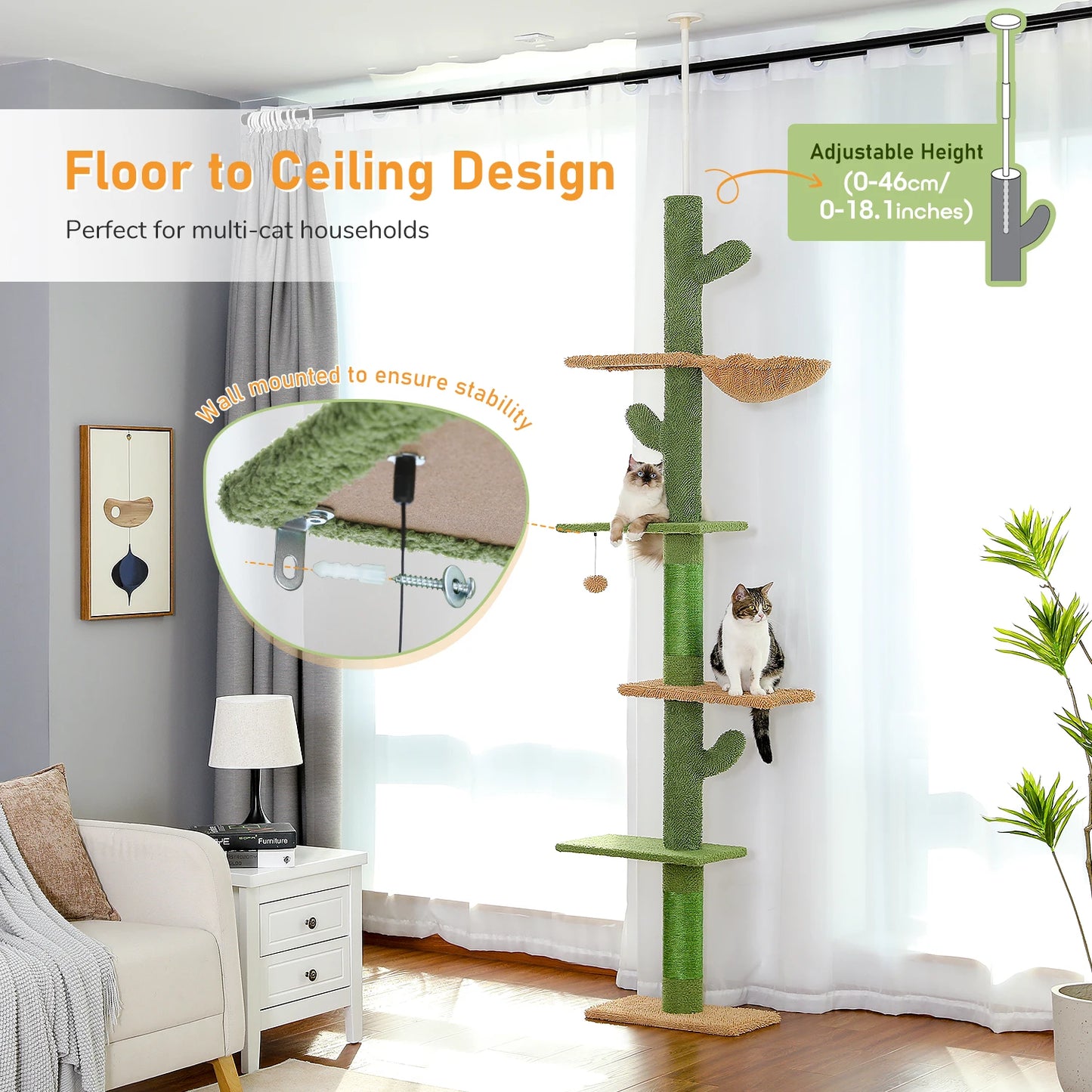 Tall Cactus Cat Tower – Multi-Level Cat Tree with Scratching Posts & Dangling Ball