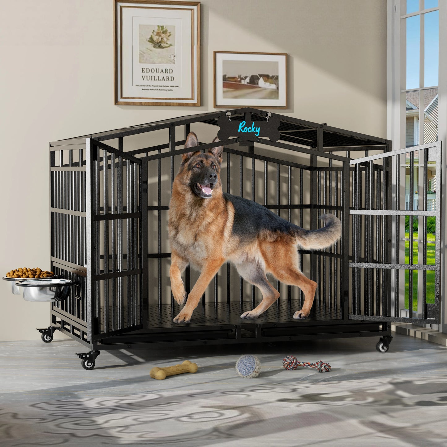 Large Breed Dog Kennel – Heavy Duty Steel Crate with Adjustable Bowls & Locking Wheels