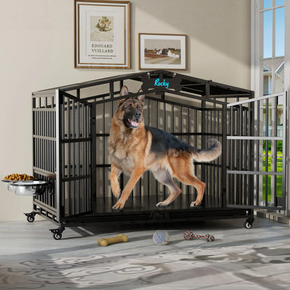 Large Breed Dog Kennel – Heavy Duty Steel Crate with Adjustable Bowls & Locking Wheels