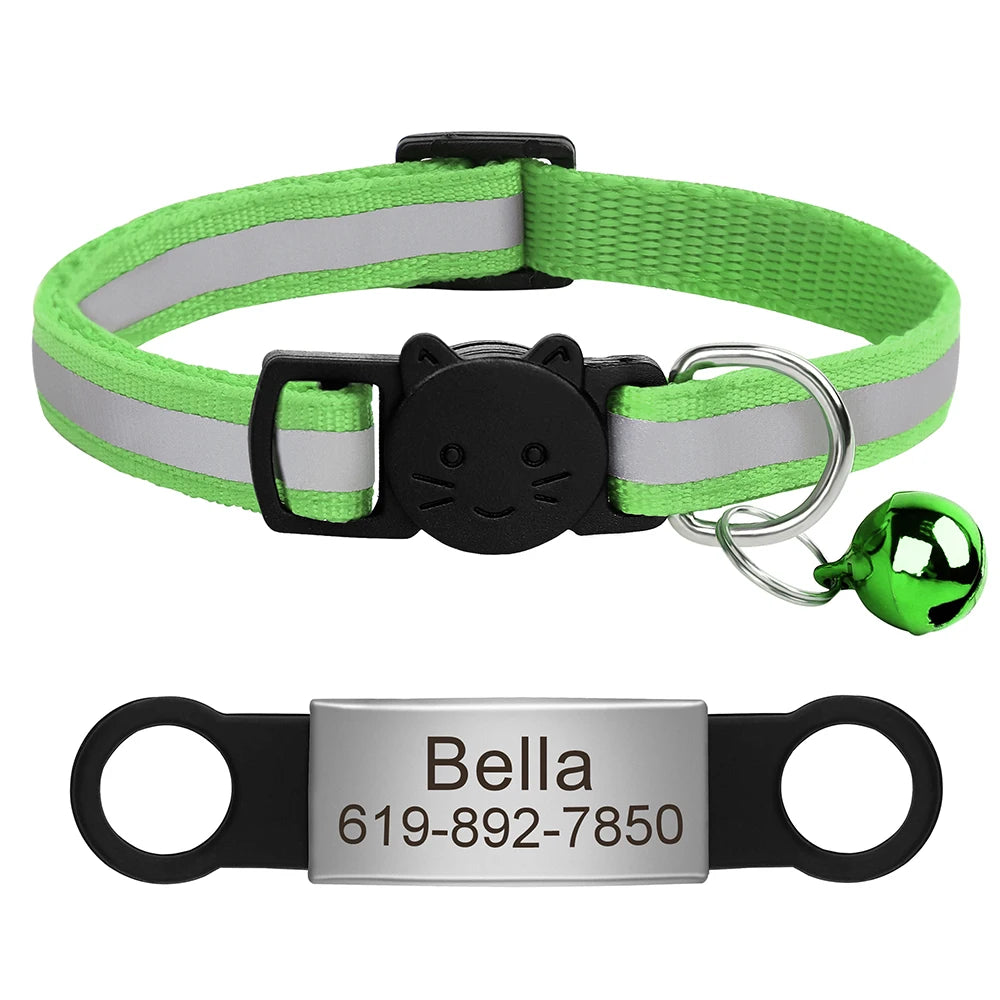 Custom Pet ID Collar for Cats – Reflective Collar with Bell & Engraved Tag