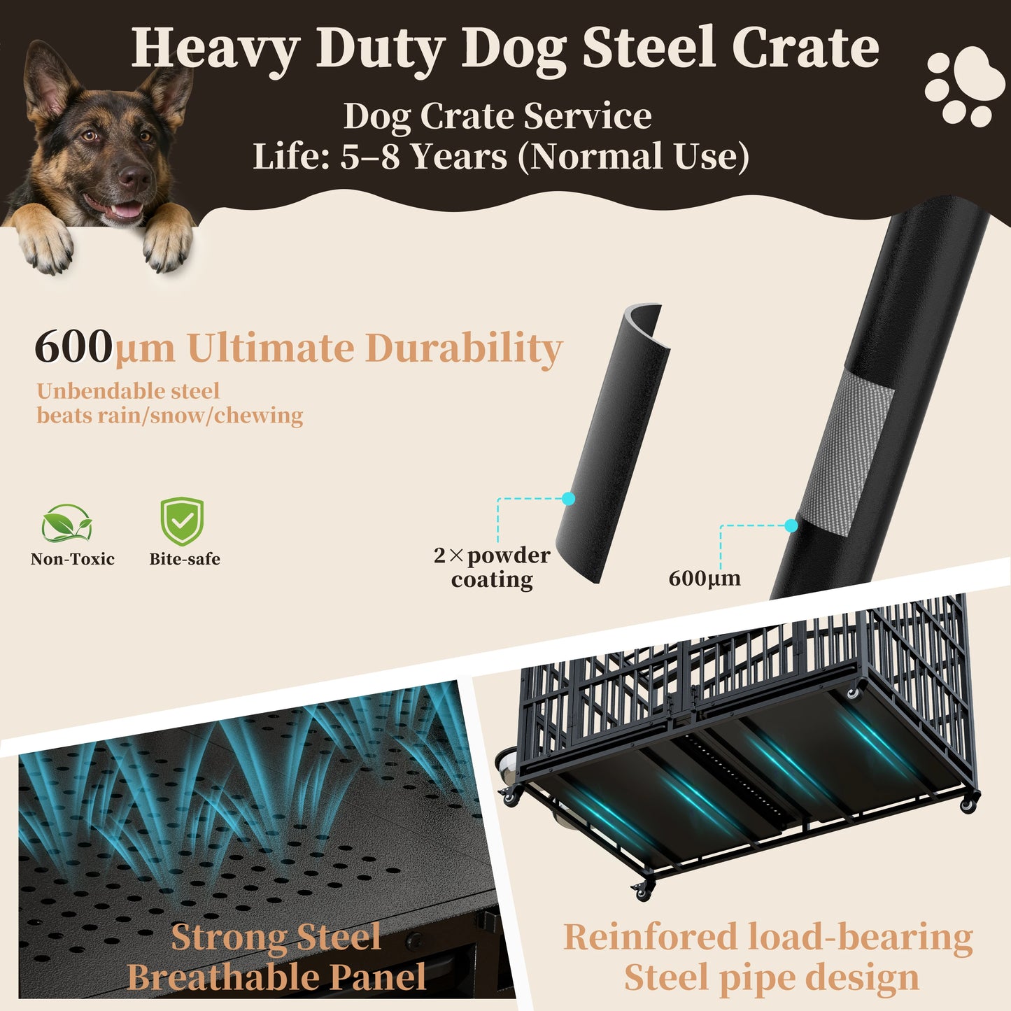Large Breed Dog Kennel – Heavy Duty Steel Crate with Adjustable Bowls & Locking Wheels