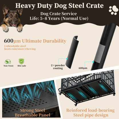 Large Breed Dog Kennel – Heavy Duty Steel Crate with Adjustable Bowls & Locking Wheels