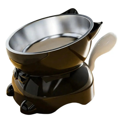 1pc Elevated Stainless Steel Cat Bowl, Inclined Food & Water Dish with Cute Ear Stand, Neck Protection Design for Cats