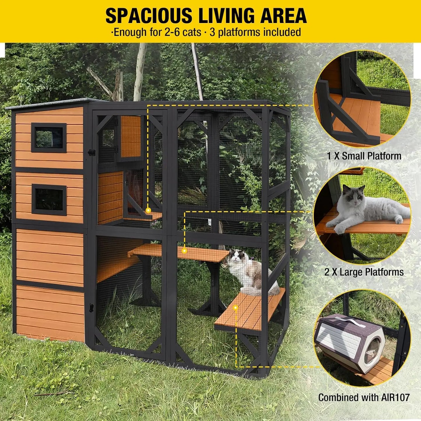Large Cat Catio 4 Tiers Cat Enclosures House for Outdoor Indoor Cats with Weatherproof Roof, 3 Resting Rooms, 3, Custom