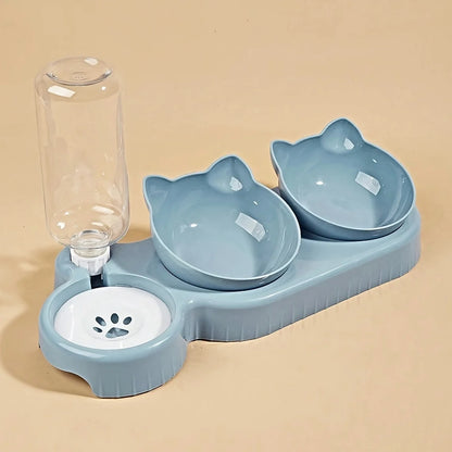 Tilted Cat Bowl & Water Feeder Set – 3-in-1 Neck Protection Feeding Station