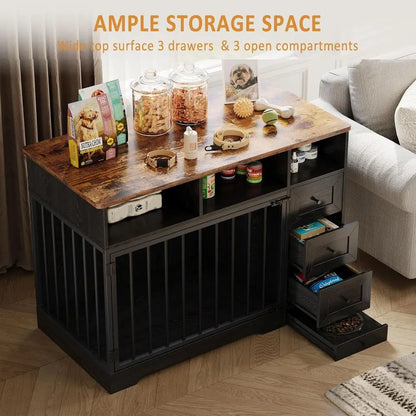 48'' Dog Crate Furniture, Farmhouse Heavy Duty Dog Kennel with Bowl & Storage Drawers, Medium Dog Cage End Table for Small Mediu