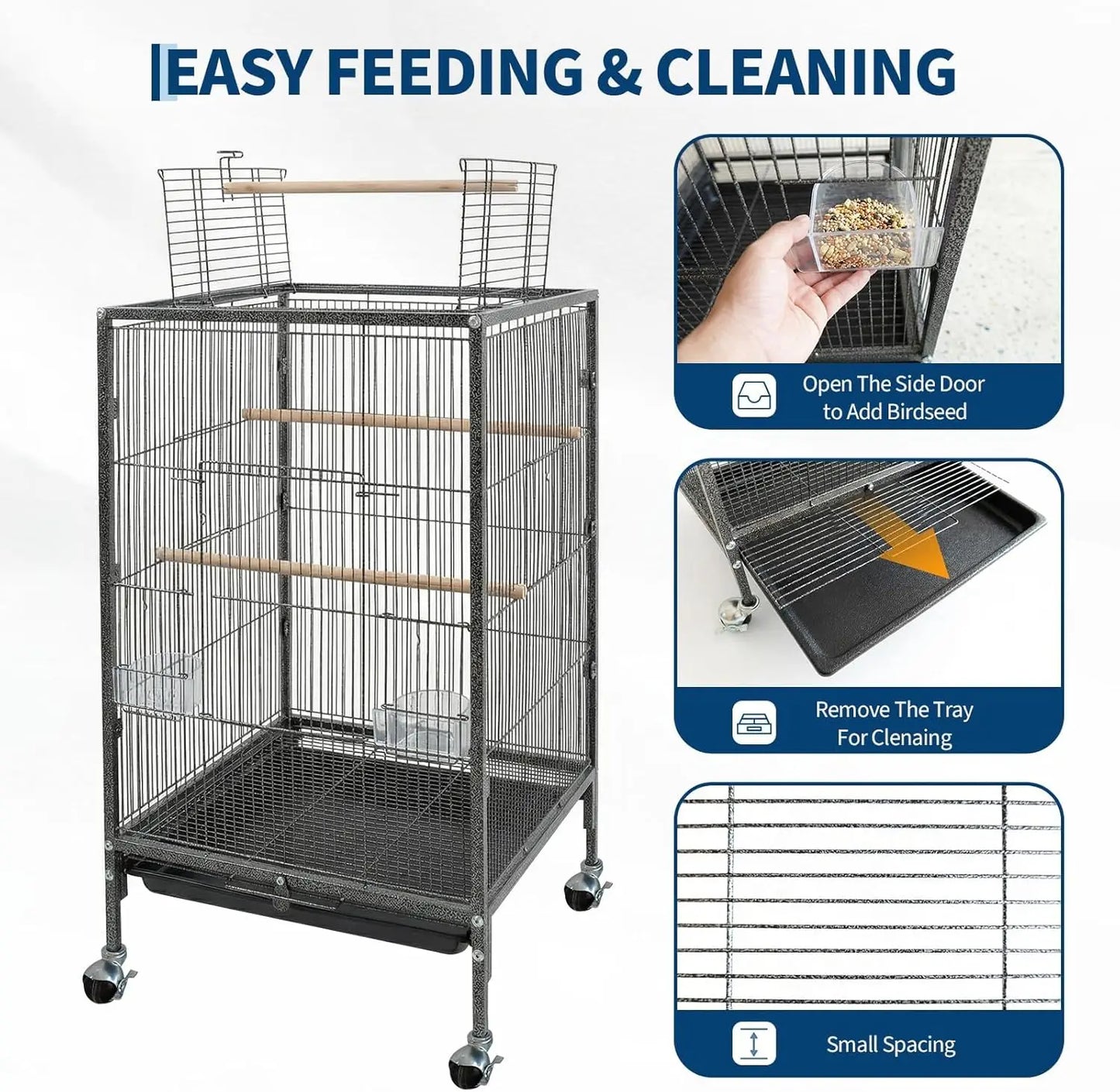 Rolling Bird Cage with Play Area – Spacious Metal Cage for Parakeets & Lovebirds