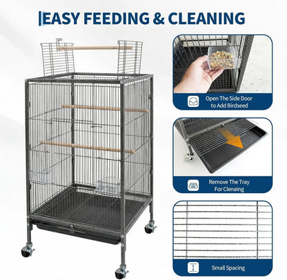 Rolling Bird Cage with Play Area – Spacious Metal Cage for Parakeets & Lovebirds