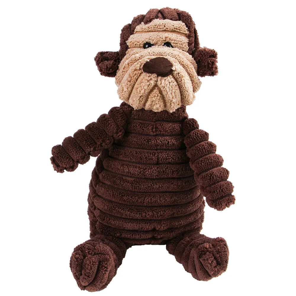 Plush Monkey & Pig Dog Toy – Corduroy Squeaky Chew Toy for Large Dogs
