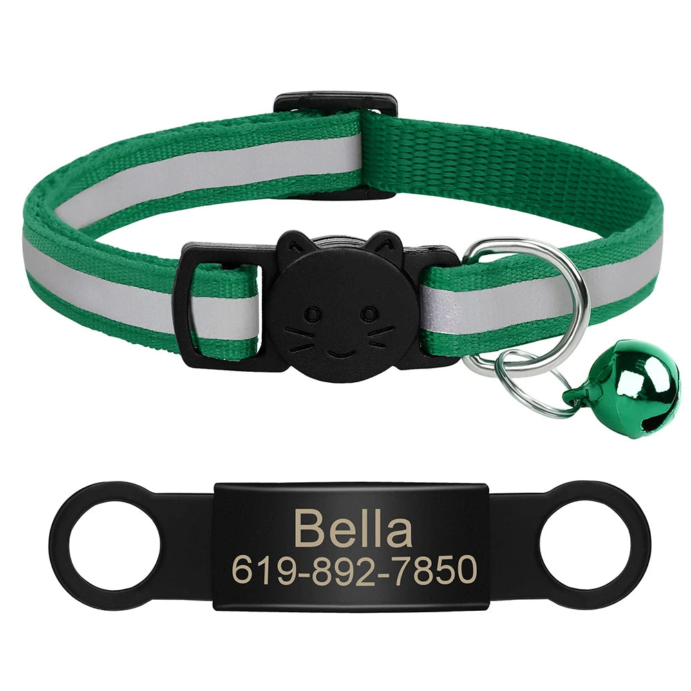 Custom Pet ID Collar for Cats – Reflective Collar with Bell & Engraved Tag