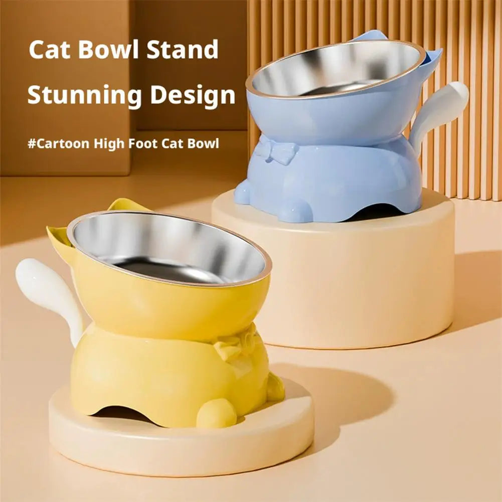 1pc Elevated Stainless Steel Cat Bowl, Inclined Food & Water Dish with Cute Ear Stand, Neck Protection Design for Cats