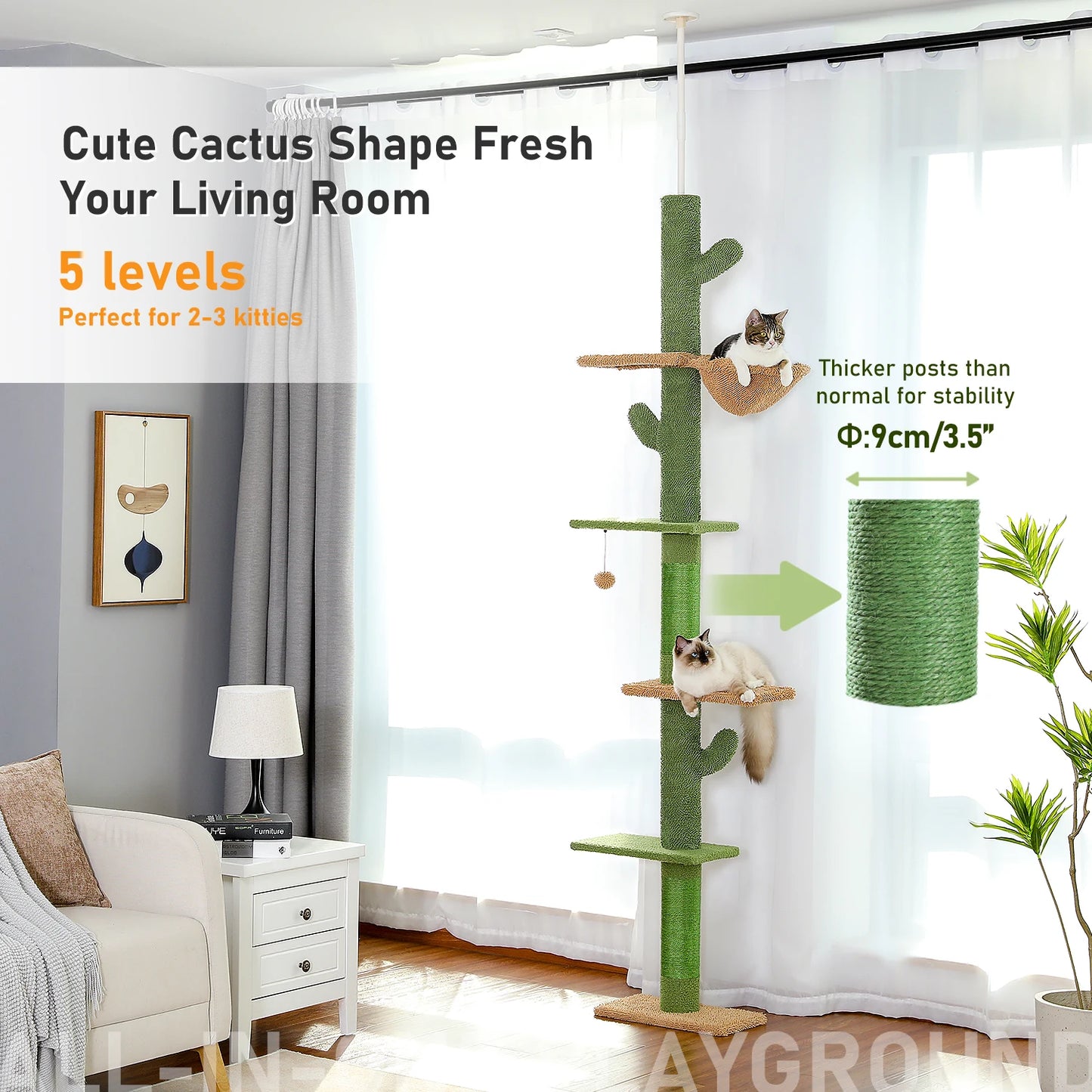 Tall Cactus Cat Tower – Multi-Level Cat Tree with Scratching Posts & Dangling Ball