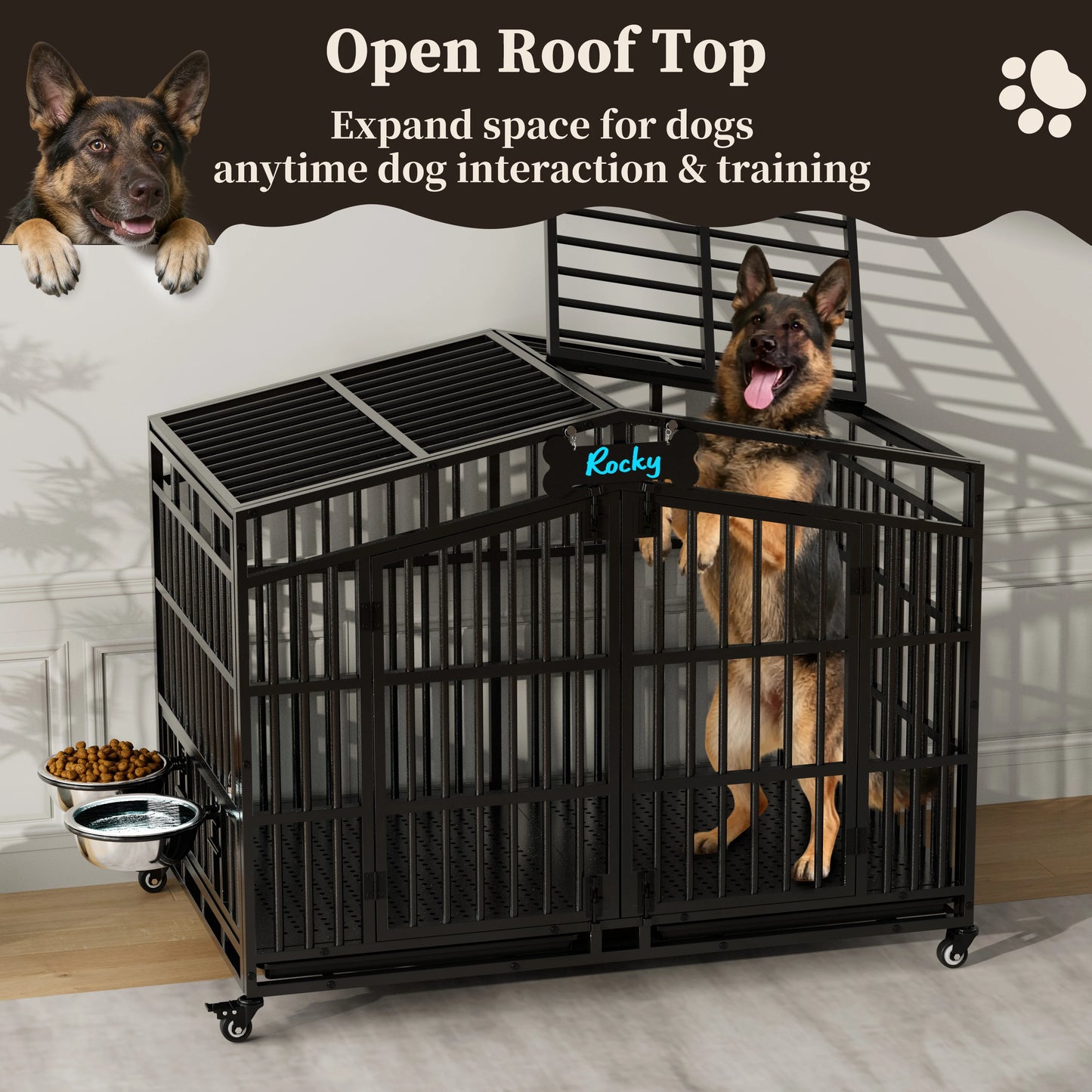 Large Breed Dog Kennel – Heavy Duty Steel Crate with Adjustable Bowls & Locking Wheels