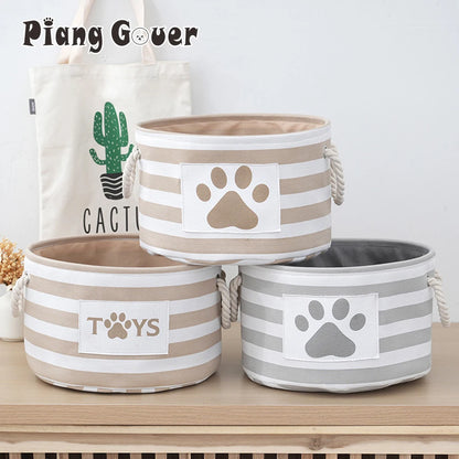 Round Pet Storage Basket – Striped Toy Organizer with Carry Handles