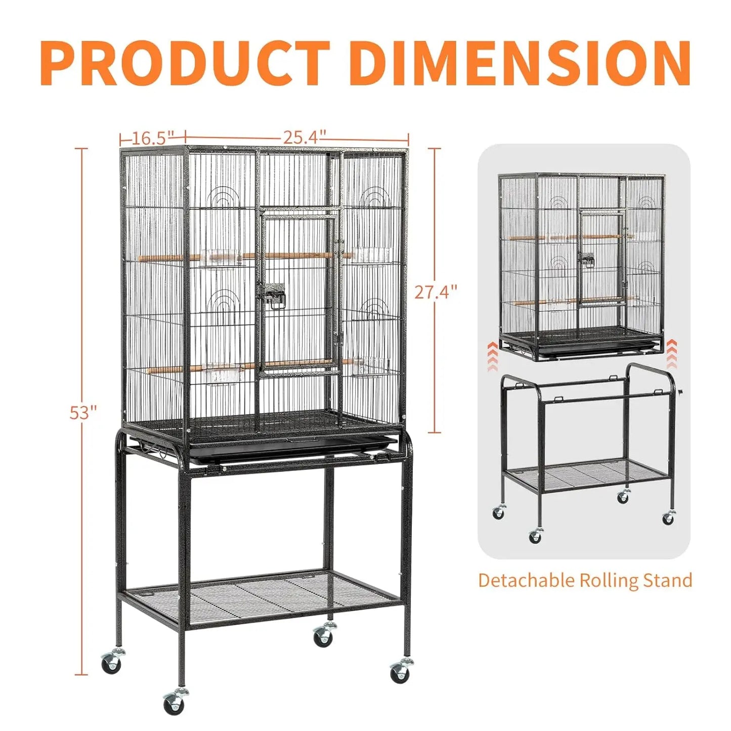 Heavy Duty Bird Cage – 53-Inch Cage with Wheels & Removable Slide-Out Tray