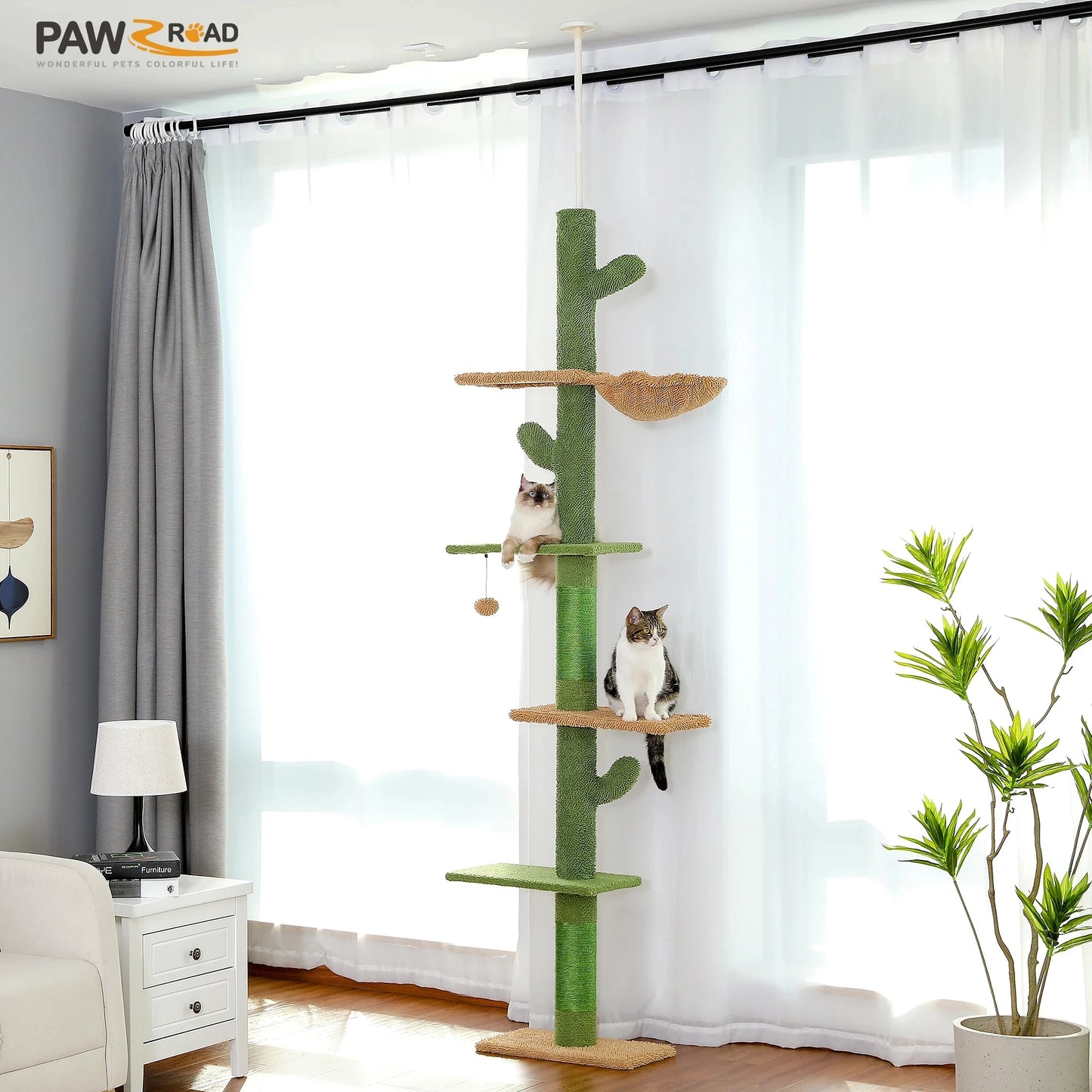 Tall Cactus Cat Tower – Multi-Level Cat Tree with Scratching Posts & Dangling Ball