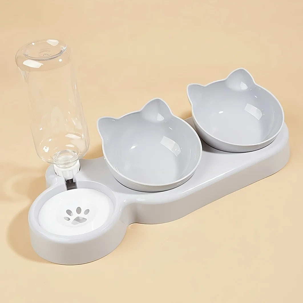 Tilted Cat Bowl & Water Feeder Set – 3-in-1 Neck Protection Feeding Station