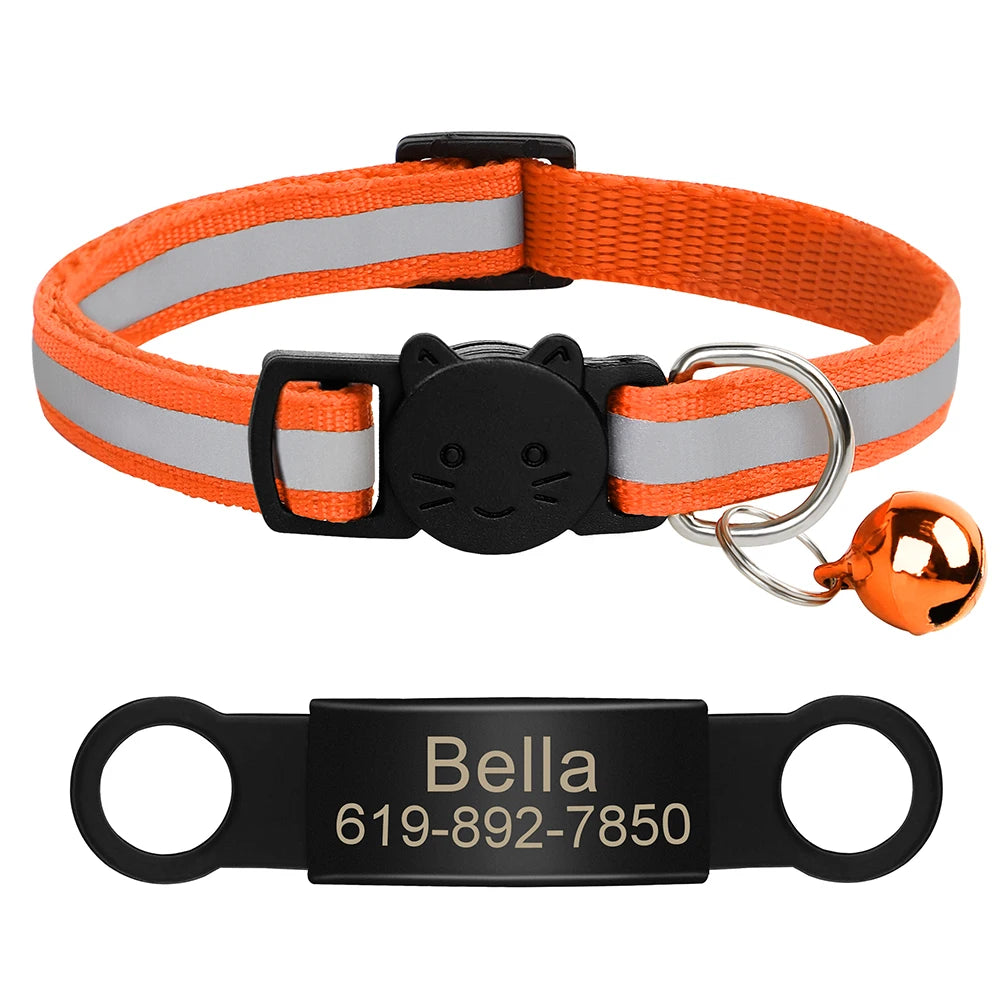 Custom Pet ID Collar for Cats – Reflective Collar with Bell & Engraved Tag