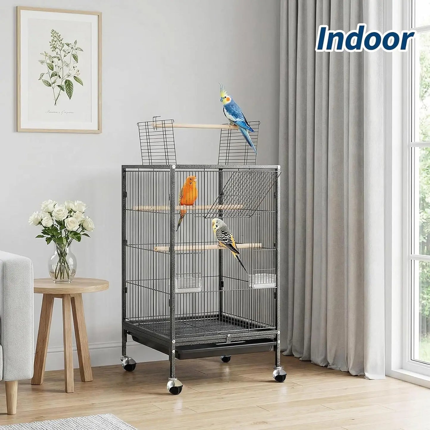 Rolling Bird Cage with Play Area – Spacious Metal Cage for Parakeets & Lovebirds