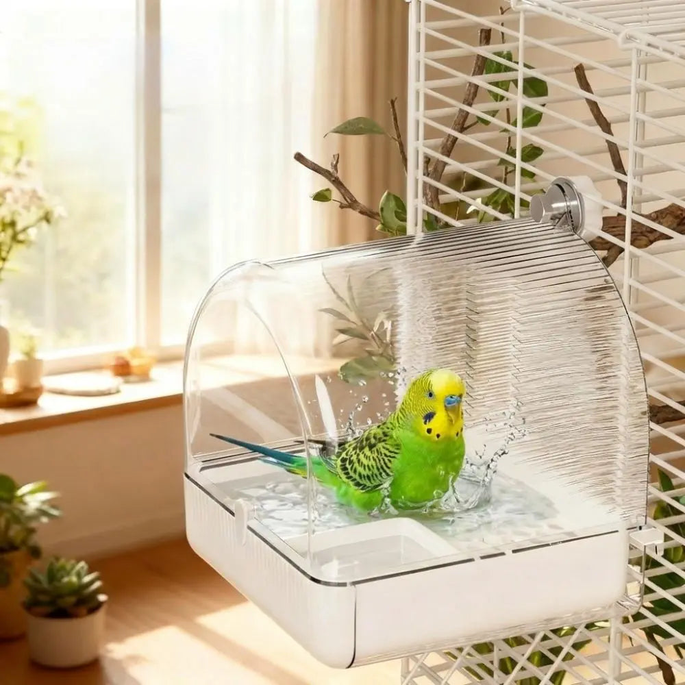 Transparent Bird Bath Cage Splash Proof Food Holder Box Bird Birdbath Feeder Bottom Drawer Screw Hooks Parrot Shower Box