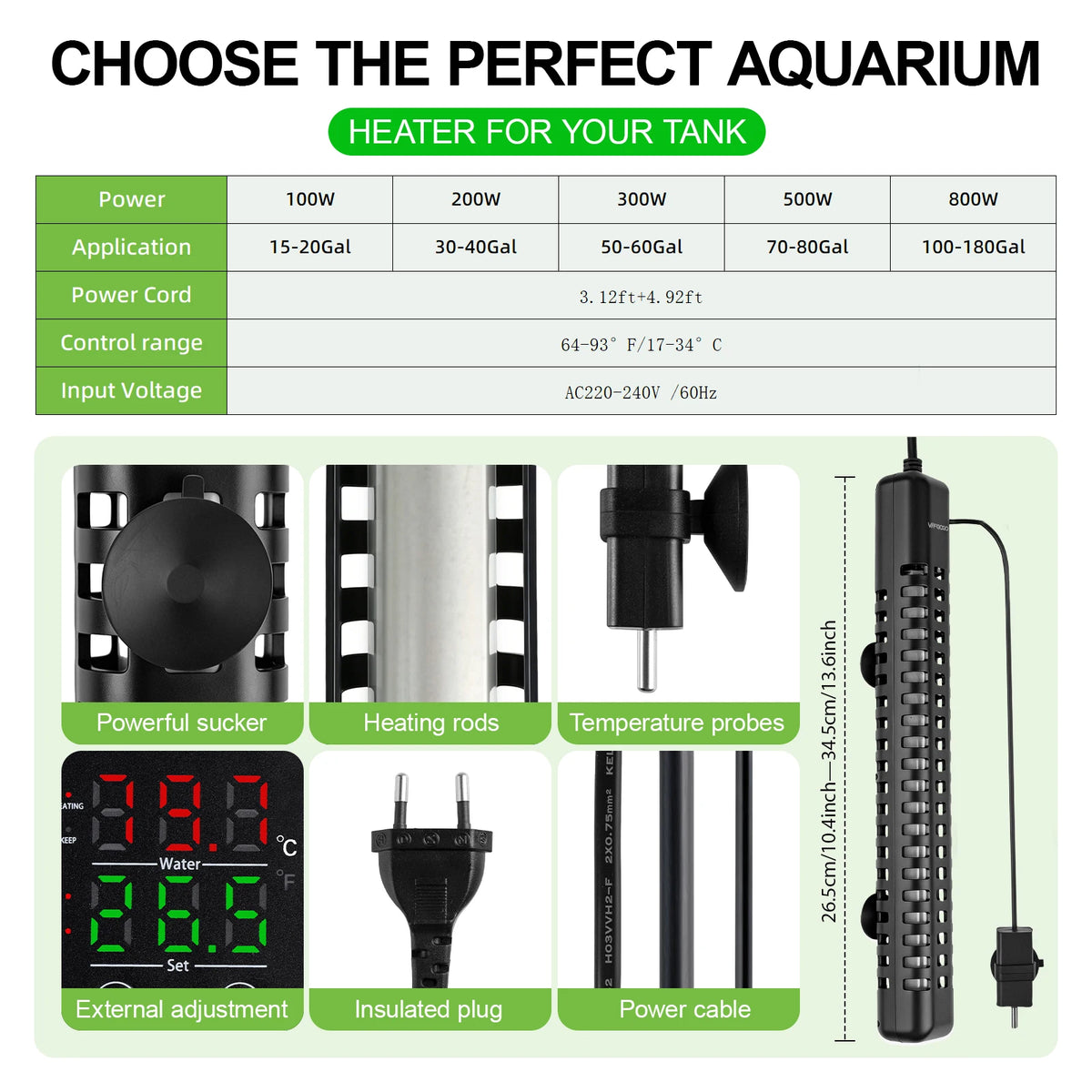 Aquarium fish tank heater with digital adjustable safety protection, automatically shuts off power when water comes out