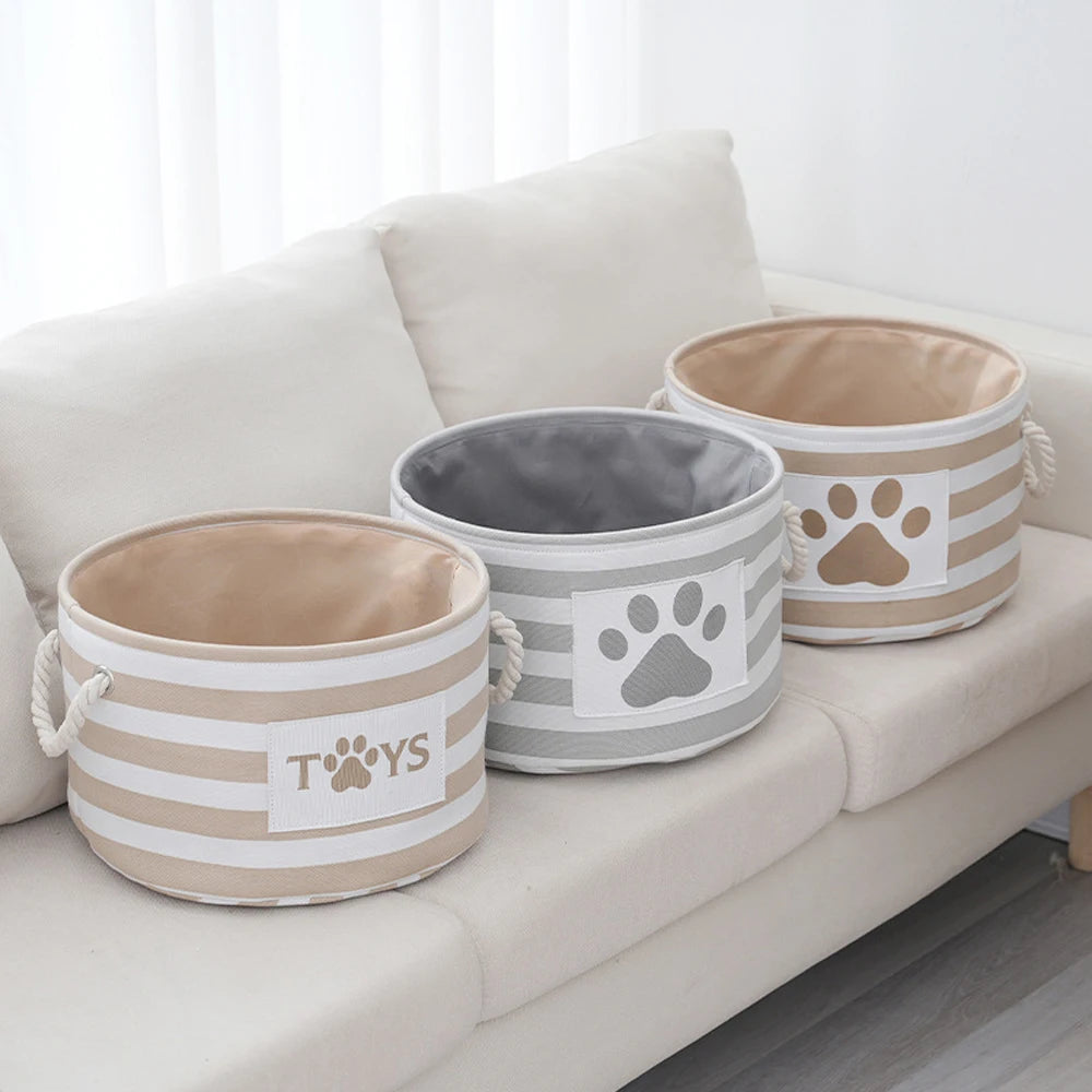 Round Pet Storage Basket – Striped Toy Organizer with Carry Handles