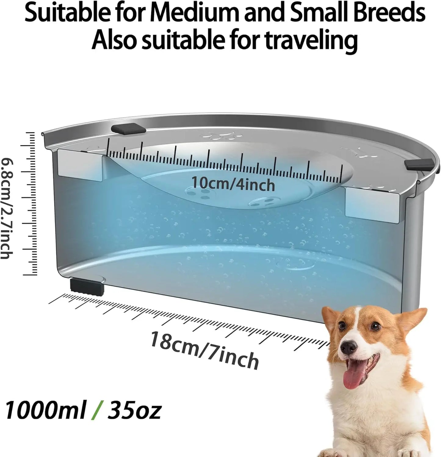 1L No Spill Dog Water Bowl, Stainless Steel Slow Feeder, Anti-Splash