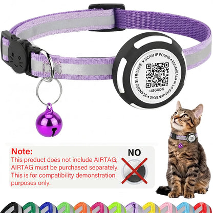 AirTag Cat Collar with Air tag Holder & Pet Name QR Code Dual Protection Reflective Pet Collar for Kitten Puppy (No Airtag)