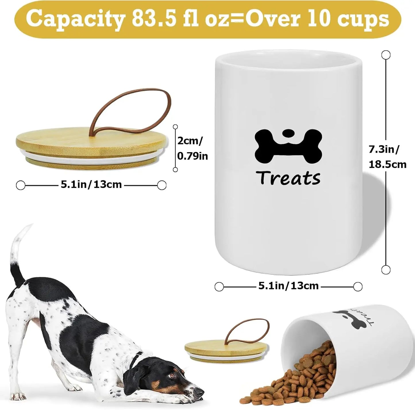 Airtight Dog Treat Container - 5" Wide Ceramic Jar with Bamboo Lid, Farmhouse Style