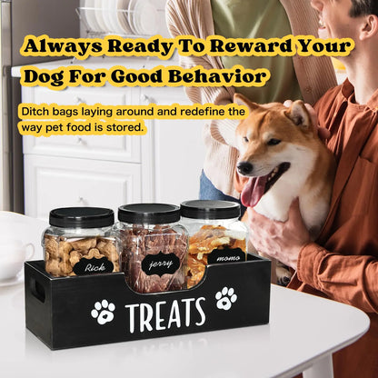 Pet Food Storage Organizer – Farmhouse Wooden Box with 3 Treat Jars