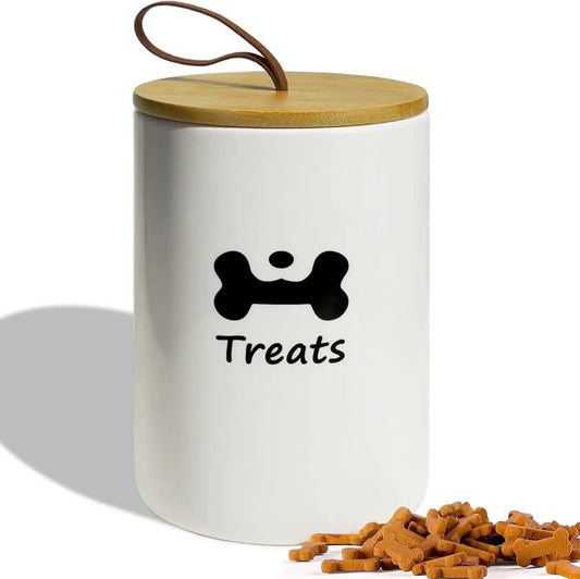 Airtight Dog Treat Container - 5" Wide Ceramic Jar with Bamboo Lid, Farmhouse Style