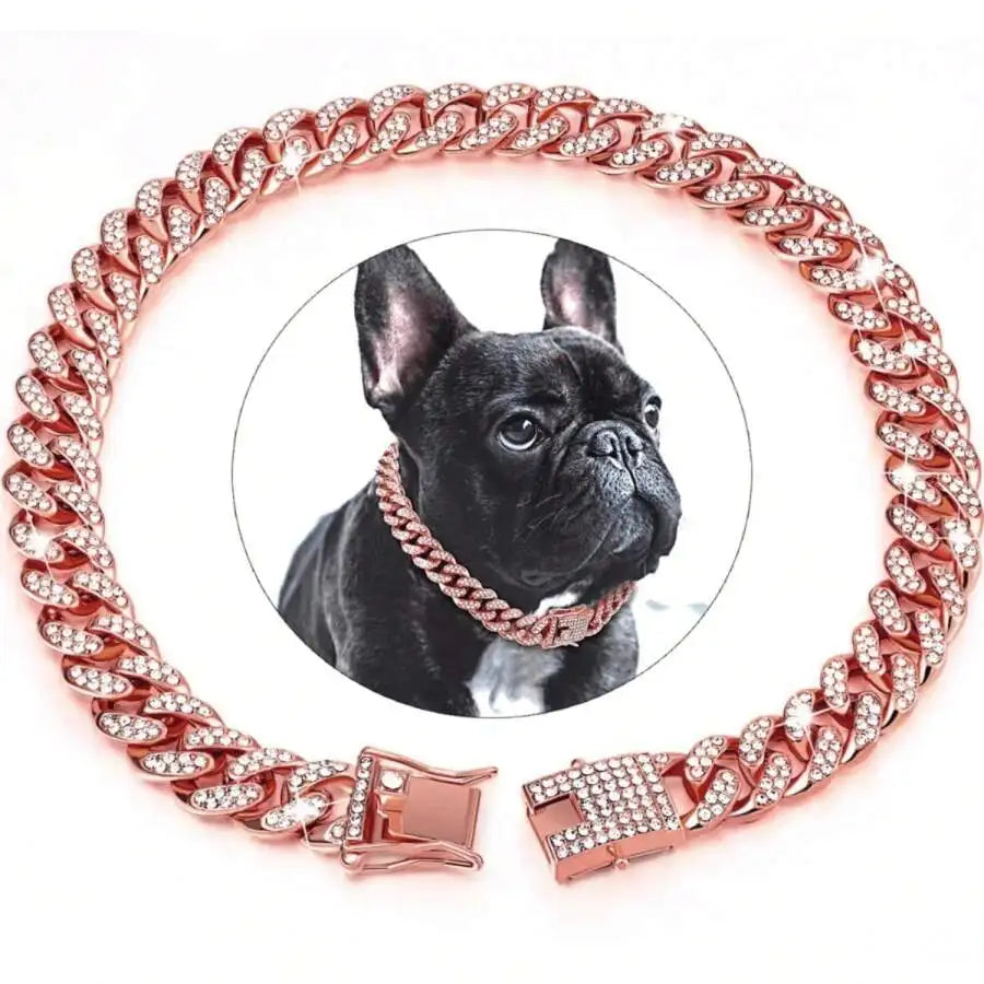 Rose Gold Cuban Chain Pet Collar with Crystal Accents for Dogs and Cats