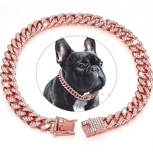 Rose Gold Cuban Chain Pet Collar with Crystal Accents for Dogs and Cats